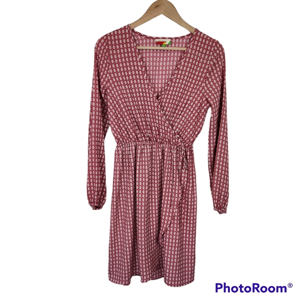 Fervour Modcloth Red White Blue Long Sleeve Faux Wrap Dress Sz S